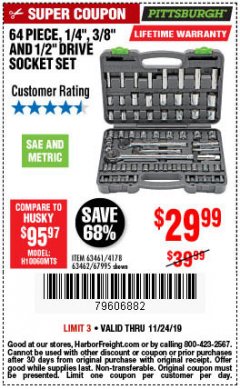 Harbor Freight Coupon 64 PIECE 1/4", 3/8", AND 1/2" SOCKET SET Lot No. 67995/69261/63461/63462 Expired: 11/24/19 - $29.99