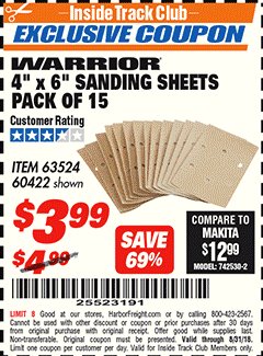 Harbor Freight ITC Coupon WARRIOR 4" X 6" SANDING SHEETS PACK OF 15 Lot No. 63524/60422 Expired: 8/31/18 - $3.99