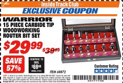 Harbor Freight ITC Coupon WARRIOR 15 PIECE CARBIDE TIP WOODWORKING ROUTER BIT SET Lot No. 68872 Expired: 8/31/18 - $29.99