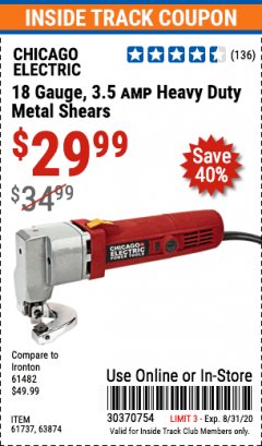 Harbor Freight ITC Coupon CHICAGO ELECTRIC 18 GAUGE, 3.5 AMP HEAVY DUTY METAL SHEARS Lot No. 92148/63874/61737 Expired: 8/31/20 - $29.99