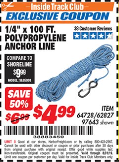 Harbor Freight ITC Coupon 1/4" X 100 FT POLYPROPYLENE ANCHOR LINE Lot No. 97643 Expired: 8/31/19 - $4.99