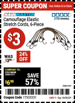 Harbor Freight Coupon 6 PIECE CAMOUFLAGE ELASTIC STRETCH CORDS Lot No. 56647/61947/62824/46911 Expired: 10/29/23 - $3