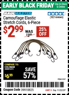 Harbor Freight Coupon 6 PIECE CAMOUFLAGE ELASTIC STRETCH CORDS Lot No. 56647/61947/62824/46911 Expired: 11/22/23 - $2.99