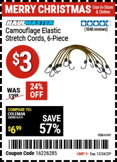 Harbor Freight Coupon 6 PIECE CAMOUFLAGE ELASTIC STRETCH CORDS Lot No. 56647/61947/62824/46911 Expired: 12/24/23 - $3