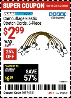Harbor Freight Coupon 6 PIECE CAMOUFLAGE ELASTIC STRETCH CORDS Lot No. 56647/61947/62824/46911 Expired: 3/24/24 - $2.99