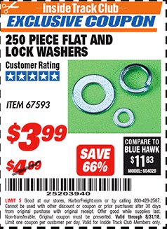 Harbor Freight ITC Coupon 250 PIECE FLAT AND LOCK WASHERS Lot No. 67593 Expired: 8/31/18 - $3.99