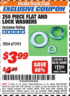 Harbor Freight ITC Coupon STOREHOUSE FLAT AND LOCK WASHERS, 250-PIECE Lot No. 67593 Expired: 8/31/18 - $3.99