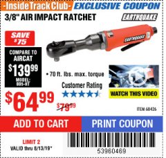 Harbor Freight ITC Coupon 3/8" AIR IMPACT RATCHET Lot No. 68426 Expired: 8/13/19 - $64.99