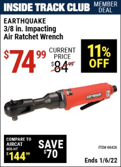 Harbor Freight ITC Coupon 3/8" AIR IMPACT RATCHET Lot No. 68426 Expired: 1/6/22 - $74.99