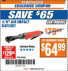 Harbor Freight ITC Coupon 3/8" AIR IMPACT RATCHET Lot No. 68426 Expired: 8/7/18 - $64.99