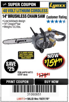 Harbor Freight Coupon LYNXX 40 V LITHIUM CORDLESS 14" BRUSHLESS CHAIN SAW Lot No. 64715/64478/63287 Expired: 10/31/18 - $154.99