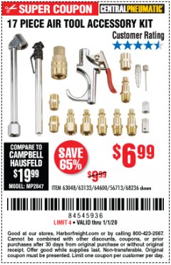 Harbor Freight Coupon 17 PC AIR TOOL ACCESSORY KIT Lot No. 63048 Expired: 1/1/20 - $6.99