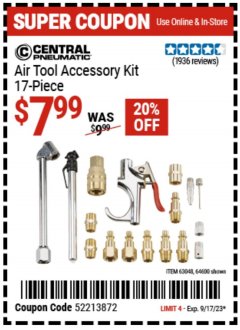 Harbor Freight Coupon 17 PC AIR TOOL ACCESSORY KIT Lot No. 63048 Expired: 9/17/23 - $7.99