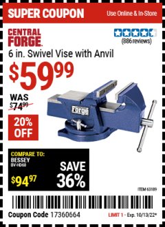 Harbor Freight Coupon 6" SWIVEL VISE WITH ANVIL Lot No. 67040/61926/63189 Expired: 10/13/22 - $59.99