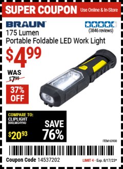 Harbor Freight Coupon BRAUN PORTABLE FOLDING LED WORK LIGHT Lot No. 63930 Expired: 8/17/23 - $4.99