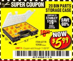 Harbor Freight Coupon 20 BIN PORTABLE PARTS STORAGE CASE Lot No. 62778/93928 Expired: 11/30/18 - $5.99
