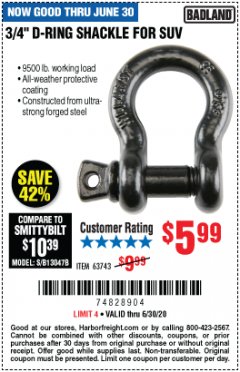 Harbor Freight Coupon 3/4" D-RING SHACKLE BOLT Lot No. 63743 Expired: 6/30/20 - $5.99