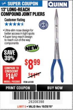 Harbor Freight Coupon 13" LONG-REACH COMPOUND JOINT PLIERS Lot No. 64108 Expired: 10/28/18 - $8.99