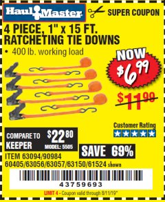 Harbor Freight Coupon 4 PIECE, 1" X 15FT. RATCHETING TIE DOWNS Lot No. 63150/63094/63056/63057/90984/61524 Expired: 4/21/19 - $6.99