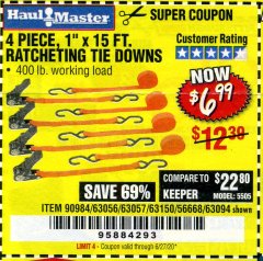 Harbor Freight Coupon 4 PIECE, 1" X 15FT. RATCHETING TIE DOWNS Lot No. 63150/63094/63056/63057/90984/61524 Expired: 6/30/20 - $6.99
