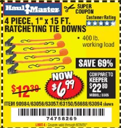 Harbor Freight Coupon 4 PIECE, 1" X 15FT. RATCHETING TIE DOWNS Lot No. 63150/63094/63056/63057/90984/61524 Expired: 6/28/20 - $6.99