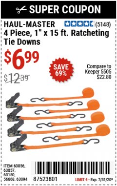 Harbor Freight Coupon 4 PIECE, 1" X 15FT. RATCHETING TIE DOWNS Lot No. 63150/63094/63056/63057/90984/61524 Expired: 7/31/20 - $6.99