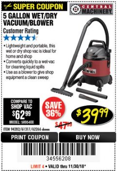 Harbor Freight Coupon 5 GALLON WET/DRY SHOP VACUUM AND BLOWER Lot No. 62266/94282/61317 Expired: 11/30/18 - $39.99