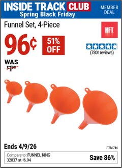 Harbor Freight Coupon HFT FUNNEL SET, 4-PIECE Lot No. 744 Valid: 12/31/69 - 4/9/26 - $0.96