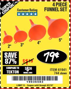 Harbor Freight Coupon 4 PIECE FUNNEL SET Lot No. 744/61941 Expired: 6/2/18 - $0.79