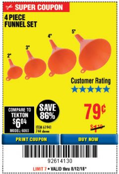 Harbor Freight Coupon 4 PIECE FUNNEL SET Lot No. 744/61941 Expired: 8/12/18 - $0.79