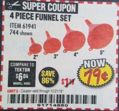 Harbor Freight Coupon 4 PIECE FUNNEL SET Lot No. 744/61941 Expired: 10/31/18 - $0.79
