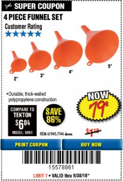 Harbor Freight Coupon 4 PIECE FUNNEL SET Lot No. 744/61941 Expired: 9/30/18 - $0.79