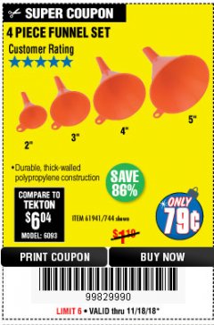 Harbor Freight Coupon 4 PIECE FUNNEL SET Lot No. 744/61941 Expired: 11/18/18 - $0.79