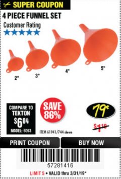 Harbor Freight Coupon 4 PIECE FUNNEL SET Lot No. 744/61941 Expired: 3/31/19 - $0.79