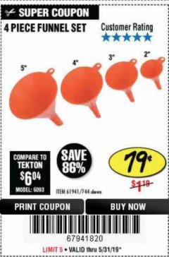Harbor Freight Coupon 4 PIECE FUNNEL SET Lot No. 744/61941 Expired: 5/31/19 - $0.79