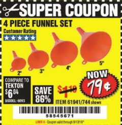 Harbor Freight Coupon 4 PIECE FUNNEL SET Lot No. 744/61941 Expired: 8/12/19 - $0.79