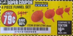 Harbor Freight Coupon 4 PIECE FUNNEL SET Lot No. 744/61941 Expired: 2/6/20 - $0.79