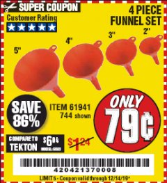 Harbor Freight Coupon 4 PIECE FUNNEL SET Lot No. 744/61941 Expired: 12/14/19 - $0.79