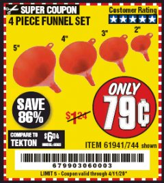 Harbor Freight Coupon 4 PIECE FUNNEL SET Lot No. 744/61941 Expired: 6/30/20 - $0.79