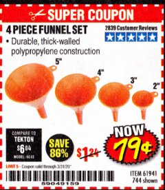 Harbor Freight Coupon 4 PIECE FUNNEL SET Lot No. 744/61941 Expired: 3/31/20 - $0.79