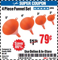 Harbor Freight Coupon 4 PIECE FUNNEL SET Lot No. 744/61941 Expired: 2/5/21 - $0.79