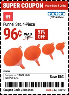 Harbor Freight Coupon HFT FUNNEL SET, 4-PIECE Lot No. 744 Expired: 4/19/26 - $0.96