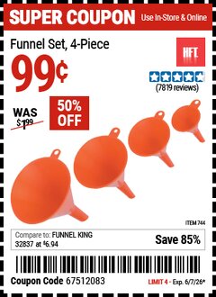 Harbor Freight Coupon HFT FUNNEL SET, 4-PIECE Lot No. 744 Valid Thru: 6/7/26 - $0.99