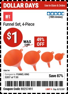 Harbor Freight Coupon HFT FUNNEL SET, 4-PIECE Lot No. 744 Valid Thru: 8/12/26 - $1