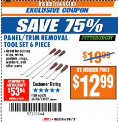 Harbor Freight ITC Coupon PANEL/TRIM REMOVAL TOOL SET 6 PC. Lot No. 63639/66188/63032 Expired: 8/14/18 - $12.99