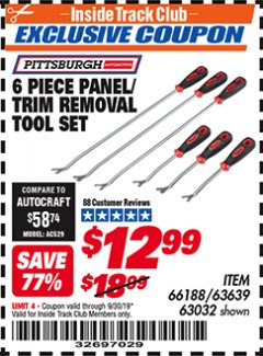 Harbor Freight ITC Coupon PANEL/TRIM REMOVAL TOOL SET 6 PC. Lot No. 63639/66188/63032 Expired: 9/30/19 - $12.99