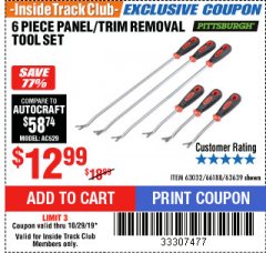 Harbor Freight ITC Coupon PANEL/TRIM REMOVAL TOOL SET 6 PC. Lot No. 63639/66188/63032 Expired: 10/29/19 - $12.99