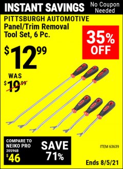 Harbor Freight Coupon PANEL/TRIM REMOVAL TOOL SET 6 PC. Lot No. 63639/66188/63032 Expired: 8/5/21 - $12.99
