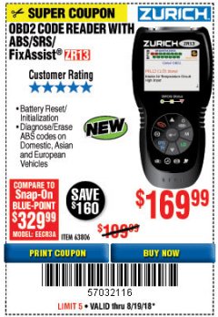 Harbor Freight Coupon ZURICH OBD2 SCANNER WITH ABS ZR13 Lot No. 63806 Expired: 8/19/18 - $169.99