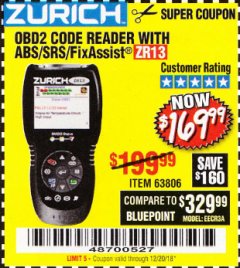 Harbor Freight Coupon ZURICH OBD2 SCANNER WITH ABS ZR13 Lot No. 63806 Expired: 12/20/18 - $169.99